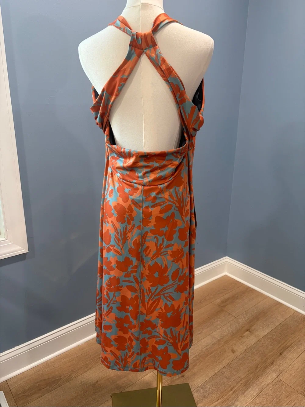 prAna XL Floral Open Back Midi Dress Orange Blue Sleeveless Racerback Dress
